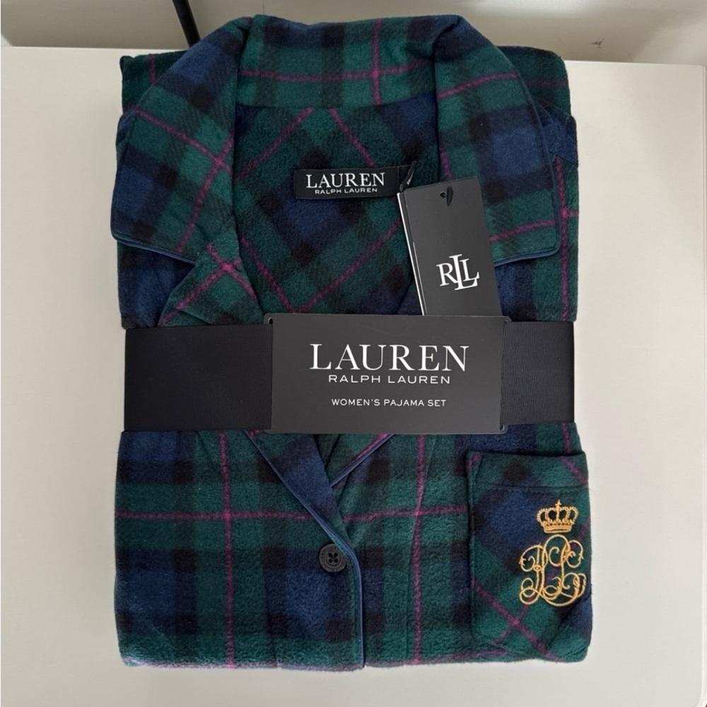 NEW Women’s 2pc Ralph Lauren Fleece Tartan Plaid Pajama Set, Medium